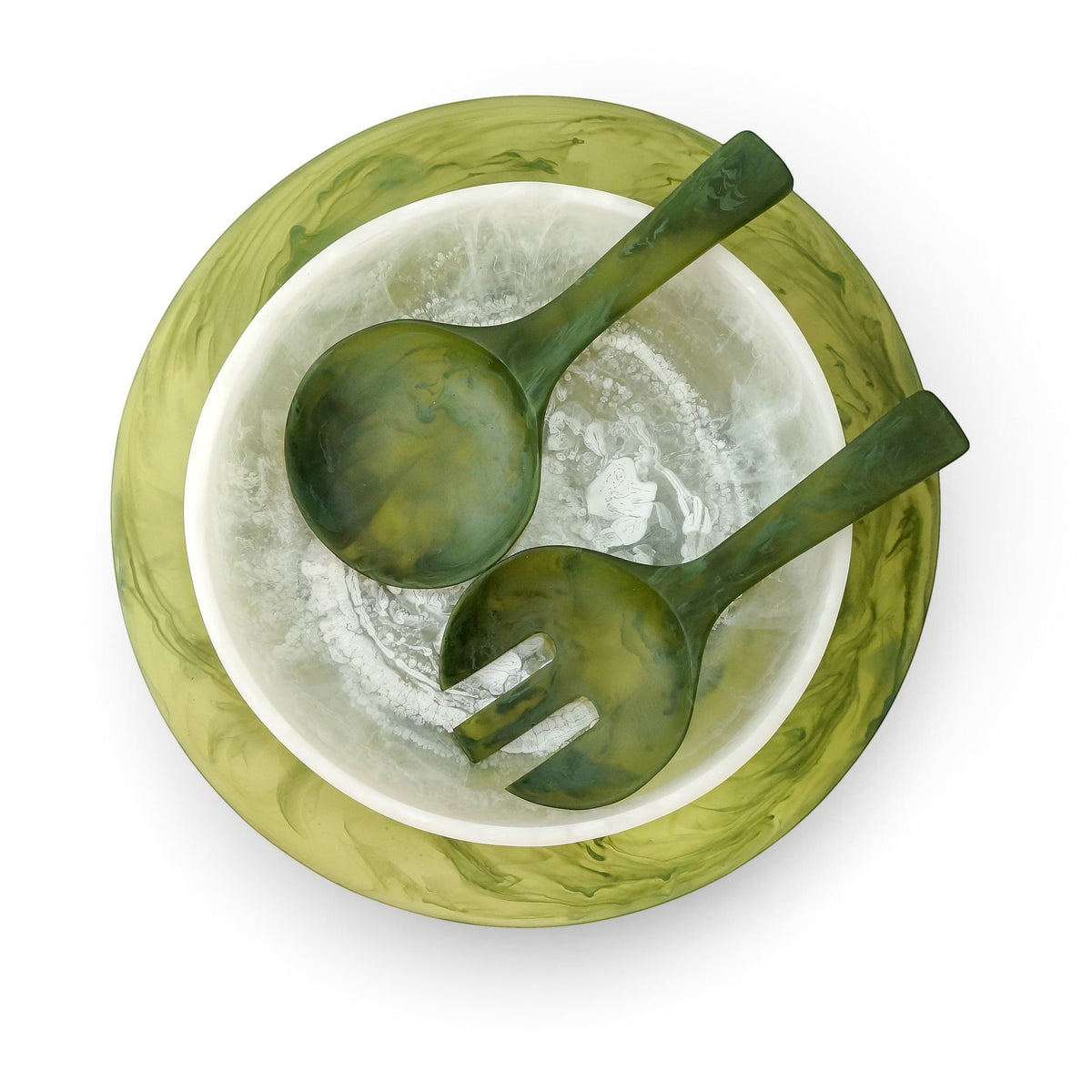 POLKA LUKA resin salad set featuring a green marbled serving plate, white bowl, and matching green salad servers.