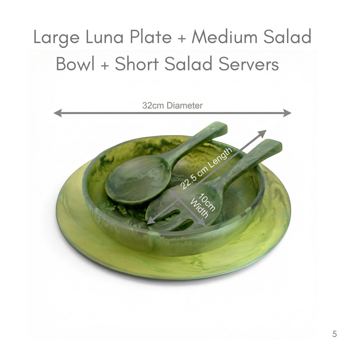 POLKA LUKA green marbled resin serving set including a large Luna plate, medium salad bowl, and short salad servers.