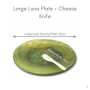 POLKA LUKA large green resin Luna serving plate with matching cheese knife, 32cm diameter plate and 18cm knife.