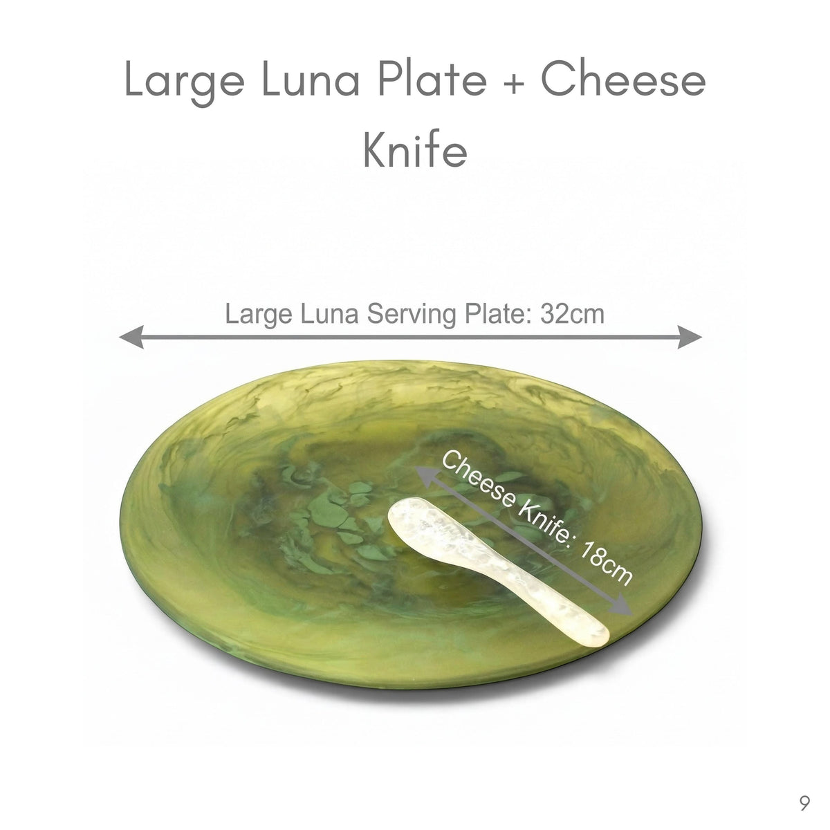POLKA LUKA large green resin Luna serving plate with matching cheese knife, 32cm diameter plate and 18cm knife.
