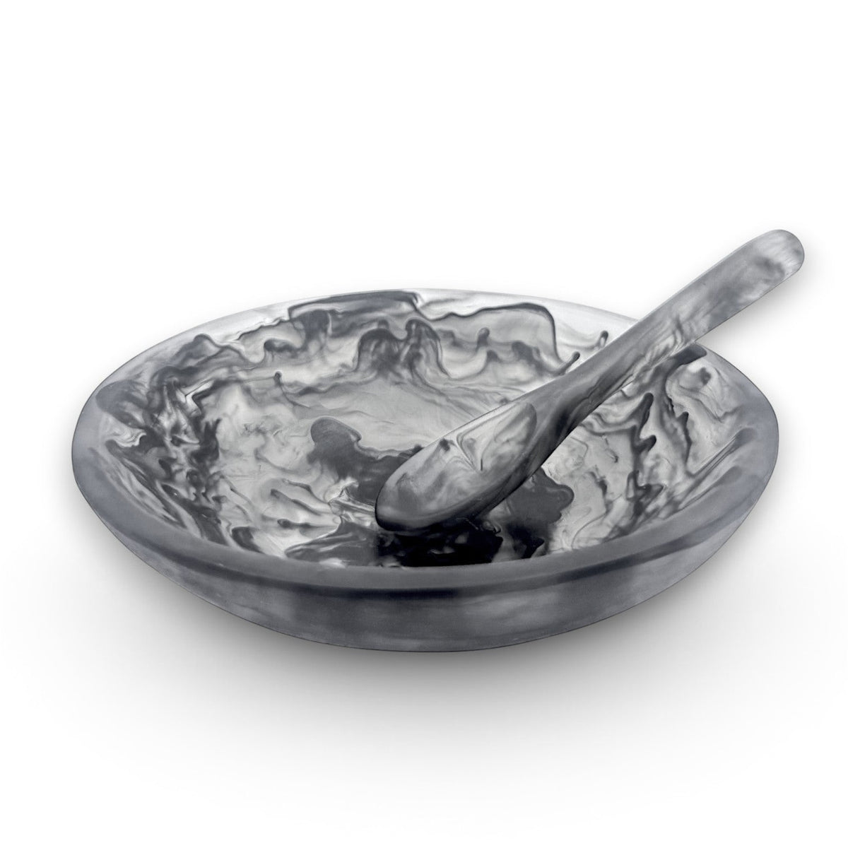 POLKA LUKA grey marbled resin relish bowl with matching spoon, 10.5cm diameter, elegant swirl pattern