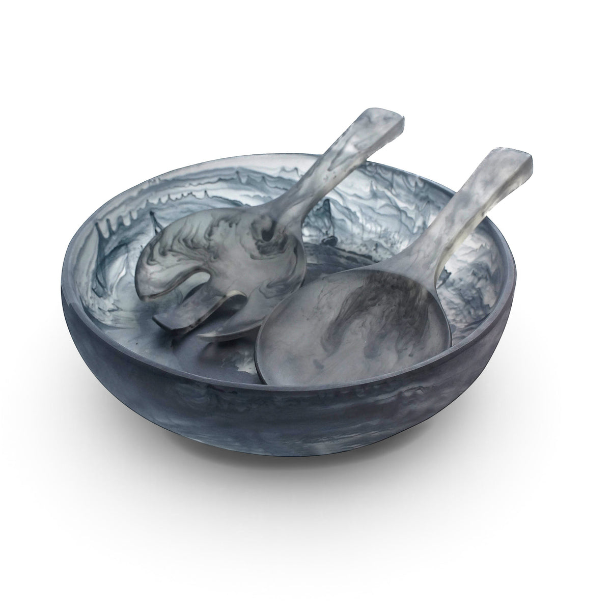 POLKA LUKA medium resin salad bowl and short server set in a grey and white marbled finish