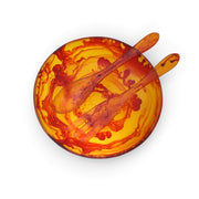 POLKA LUKA large resin salad bowl and matching servers in a vibrant orange and red marbled swirl pattern
