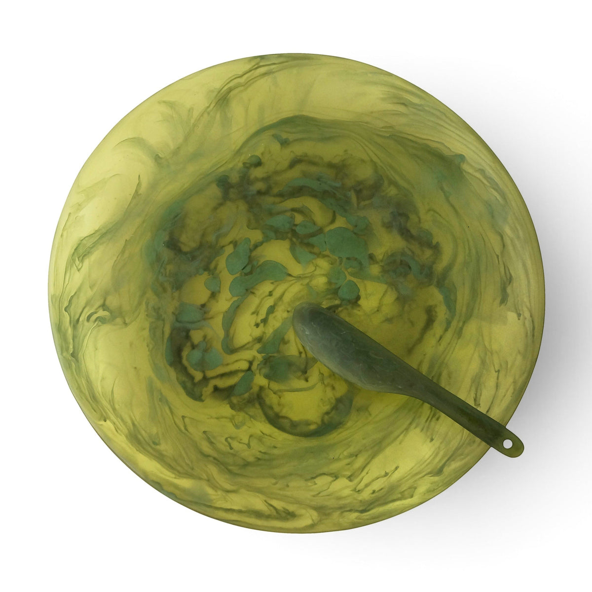 POLKA LUKA large round resin Luna serving plate in marbled olive green with a matching cheese knife