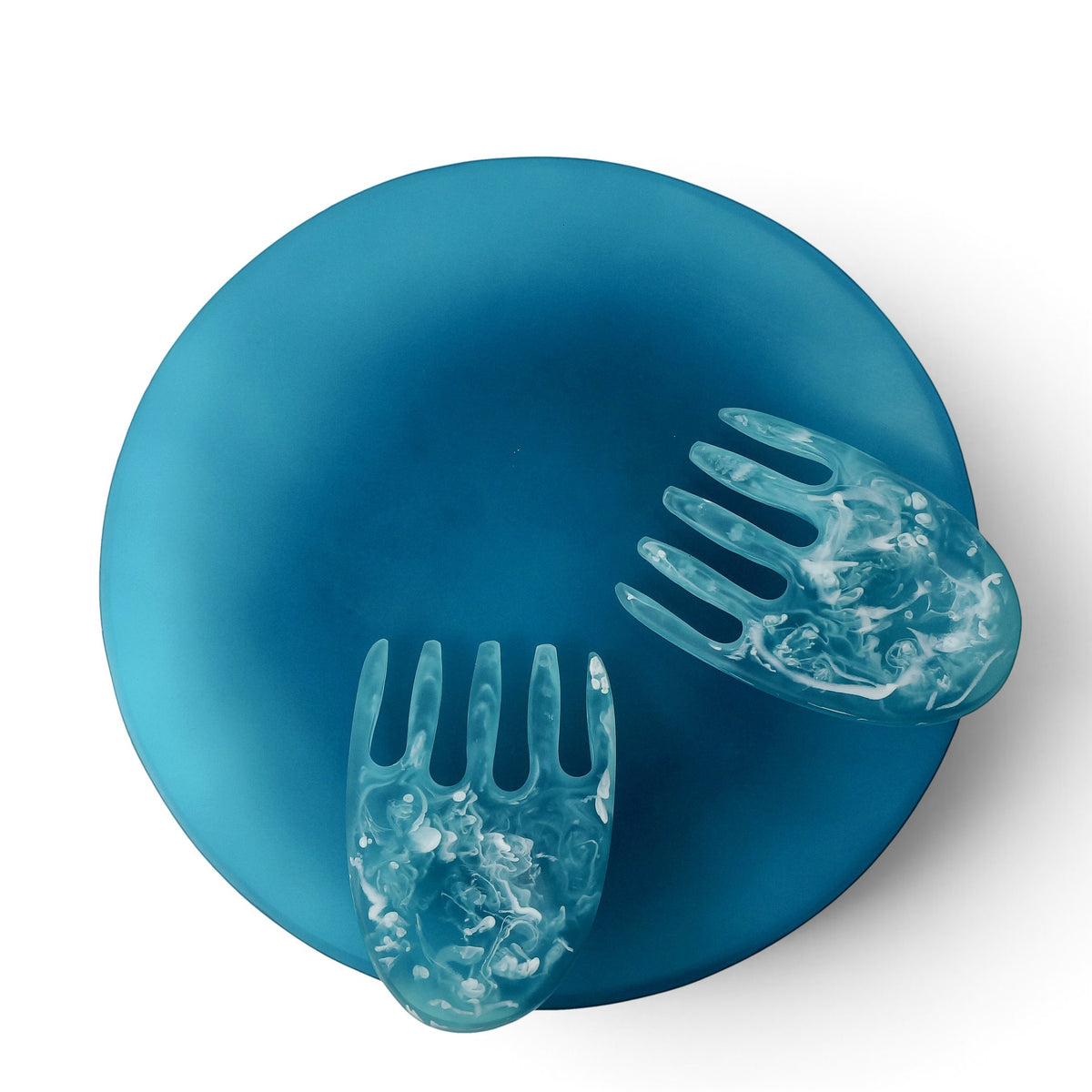 POLKA LUKA large blue resin Luna serving plate with matching marbled blue and white resin salad hands
