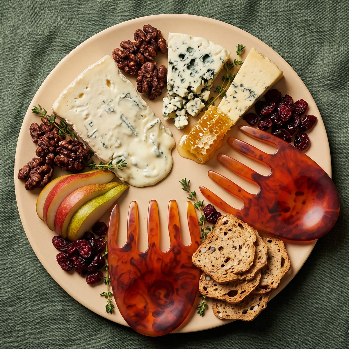 POLKA LUKA large beige resin Luna serving plate with tortoiseshell salad hands, styled with a cheese and fruit platter.
