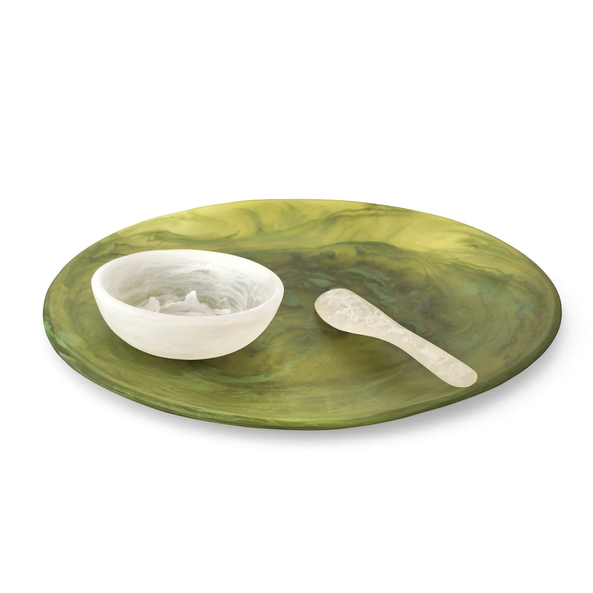 POLKA LUKA Luna serving set featuring a large green marbled plate, white dip bowl, and matching cheese knife