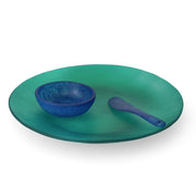 POLKA LUKA Luna serving set featuring a large green plate, blue dip bowl, and matching cheese knife for food display.
