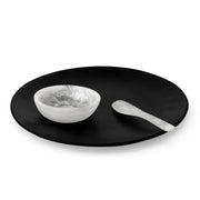 POLKA LUKA Luna serving set featuring a large matte black plate, white marbled dip bowl, and matching cheese knife.