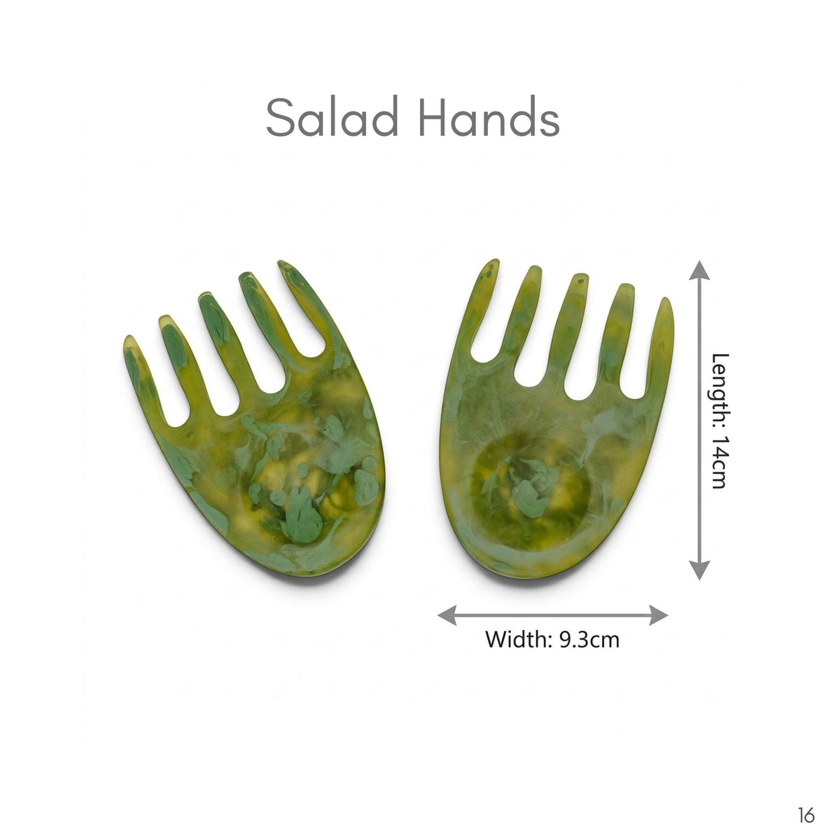 POLKA LUKA resin salad hands in a marbled sage green finish with a glossy, translucent appearance.