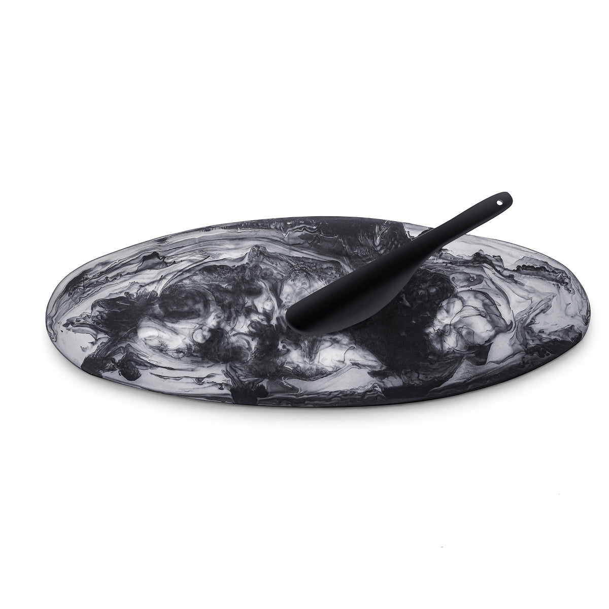 POLKA LUKA oval black and white marbled resin serving platter with a matching black cheese knife