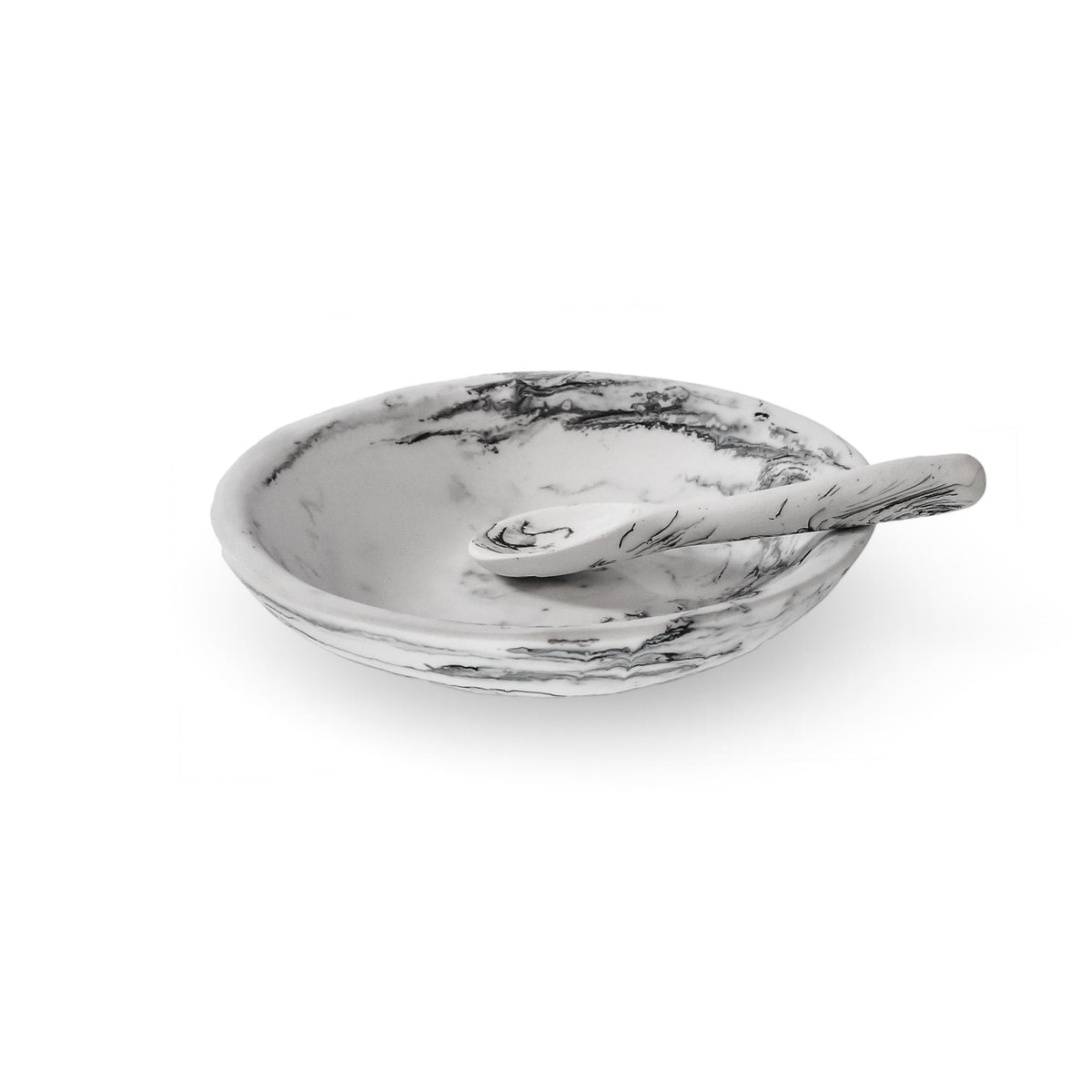 POLKA LUKA white and black marbled resin relish bowl and matching spoon set for salt or condiments