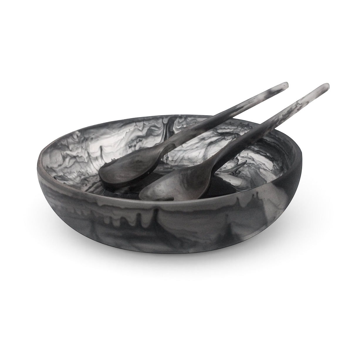 POLKA LUKA medium salad bowl and Gauguin server set in a marbled black and white resin finish.