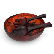 POLKA LUKA medium resin salad bowl and short server set in a deep marbled red and black finish