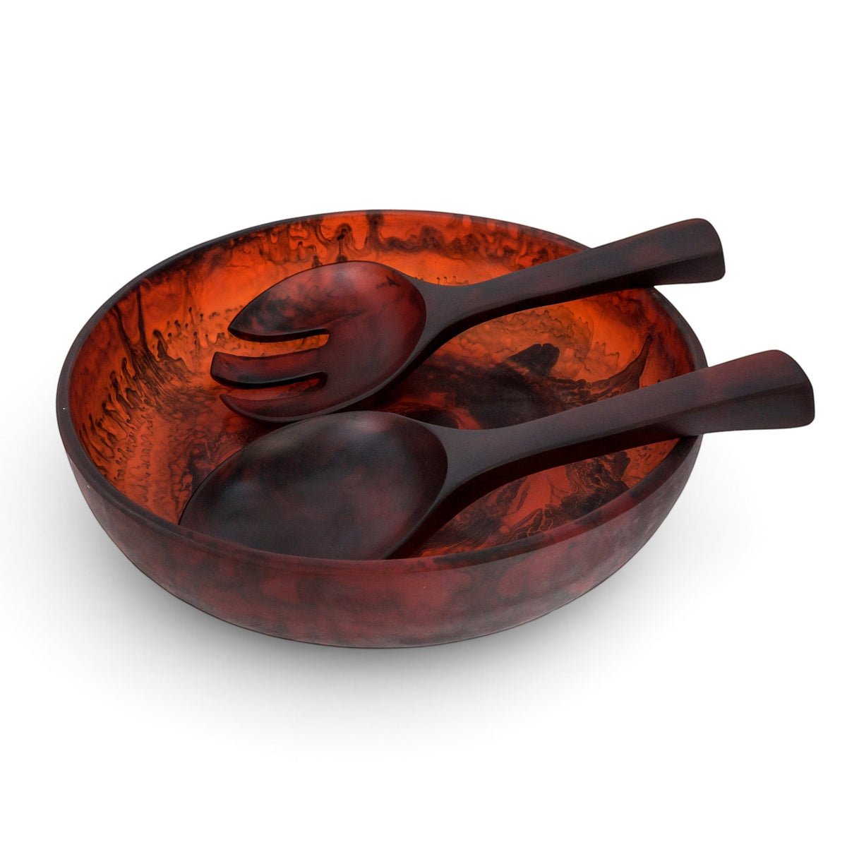POLKA LUKA medium resin salad bowl and short server set in a deep marbled red and black finish