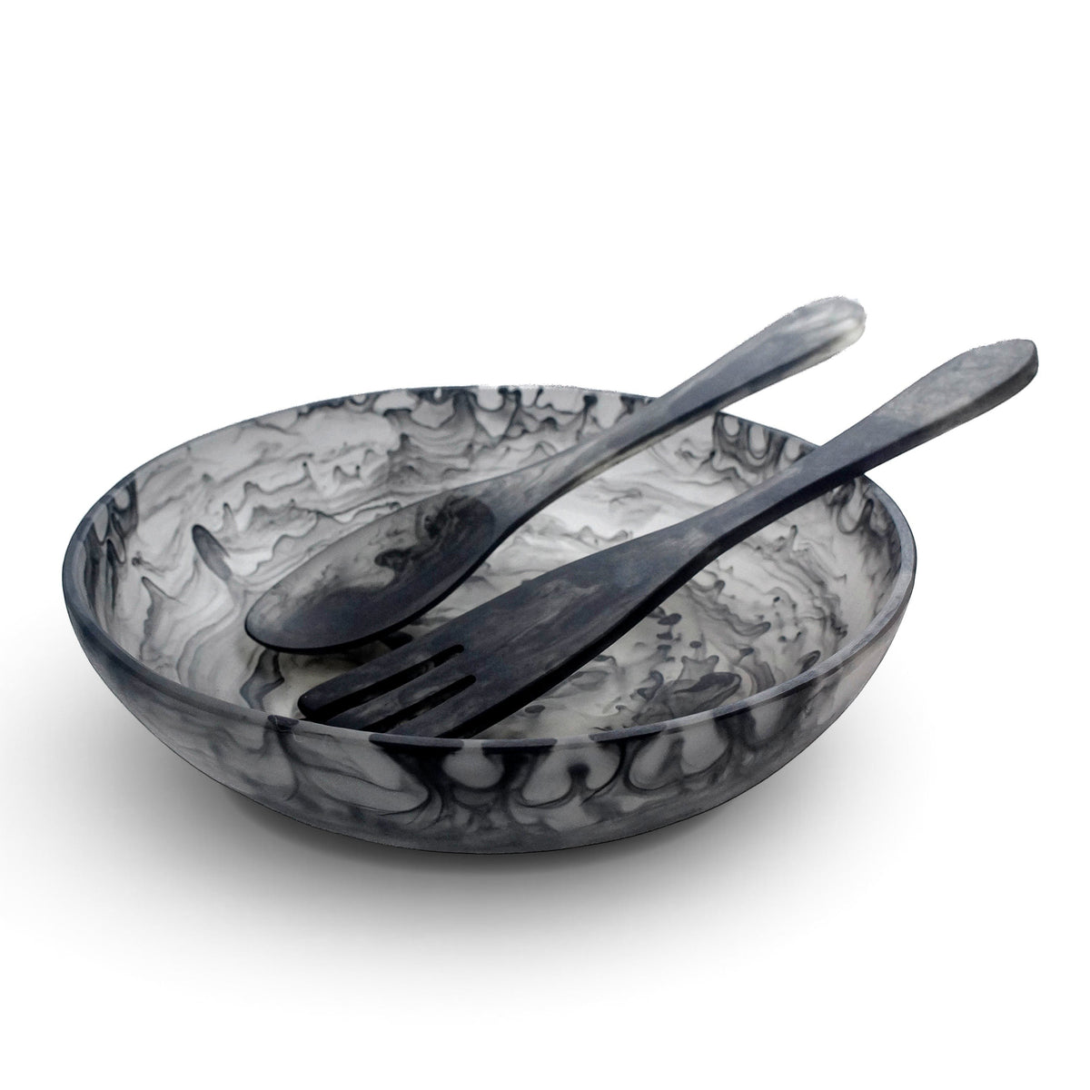 POLKA LUKA large resin salad bowl and matching long servers in a grey and white marbled pattern