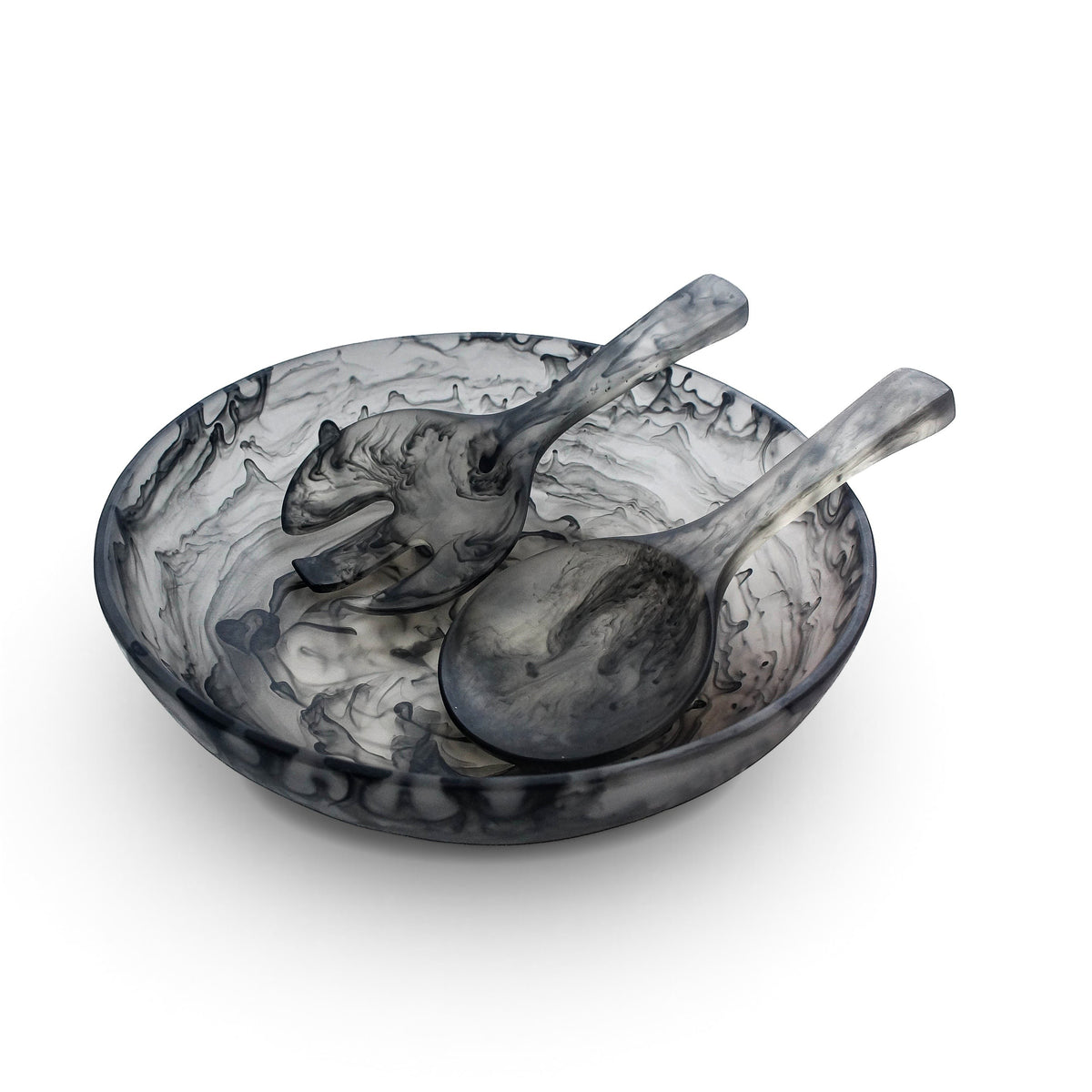 POLKA LUKA large resin salad bowl and short salad servers in a grey and white marbled pattern