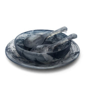 POLKA LUKA Luna resin serving set featuring a large plate, medium salad bowl, and short servers in a marbled grey finish