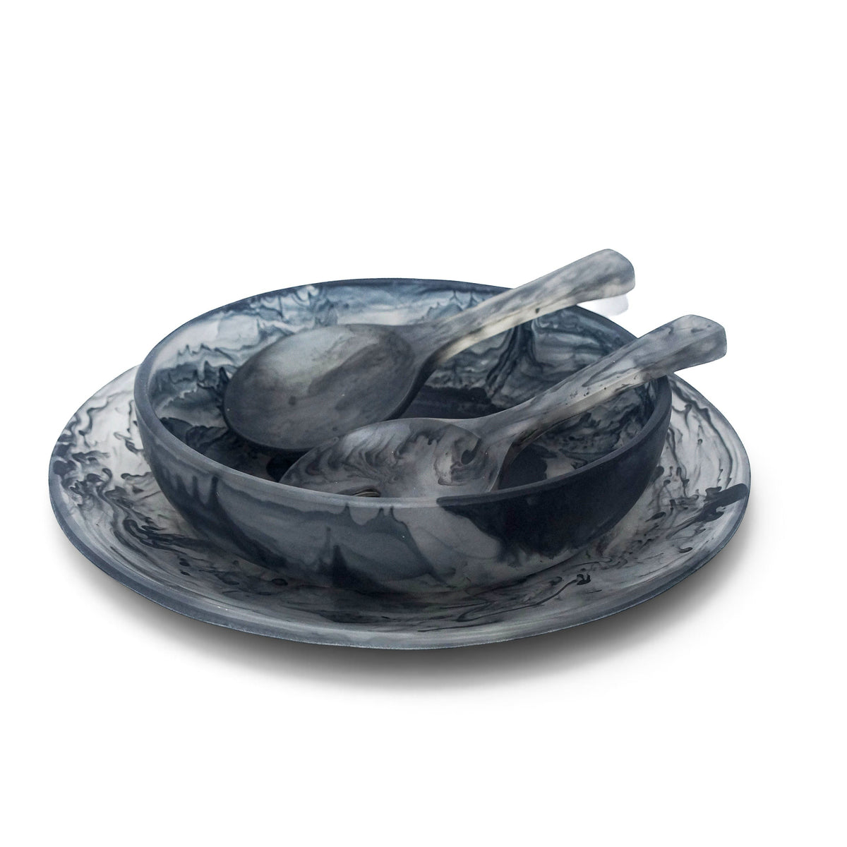 POLKA LUKA Luna resin serving set featuring a large plate, medium salad bowl, and short servers in a marbled grey finish