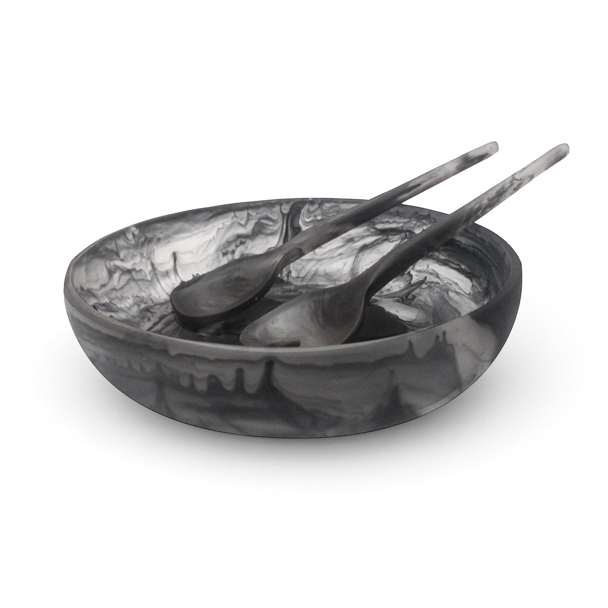 POLKA LUKA medium resin salad bowl in a grey and black marbled pattern with a smooth, modern finish.
