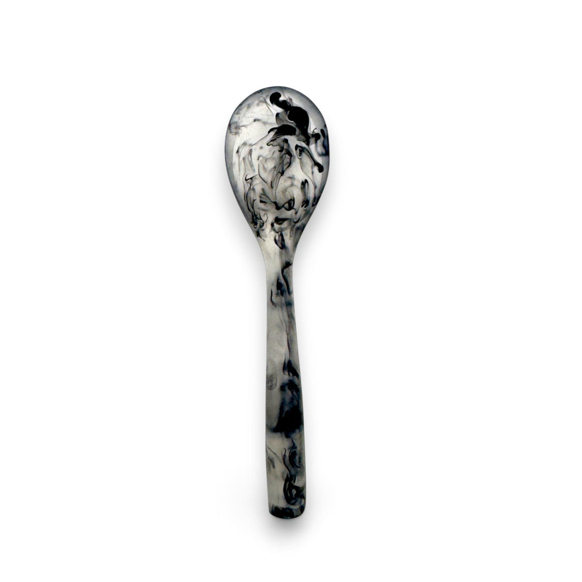 POLKA LUKA mini resin spoon featuring a decorative black and white marbled pattern, 8cm long.
