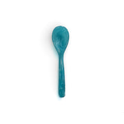 POLKA LUKA mini resin spoon in a translucent teal blue marble finish, 8cm long for small serving bowls.