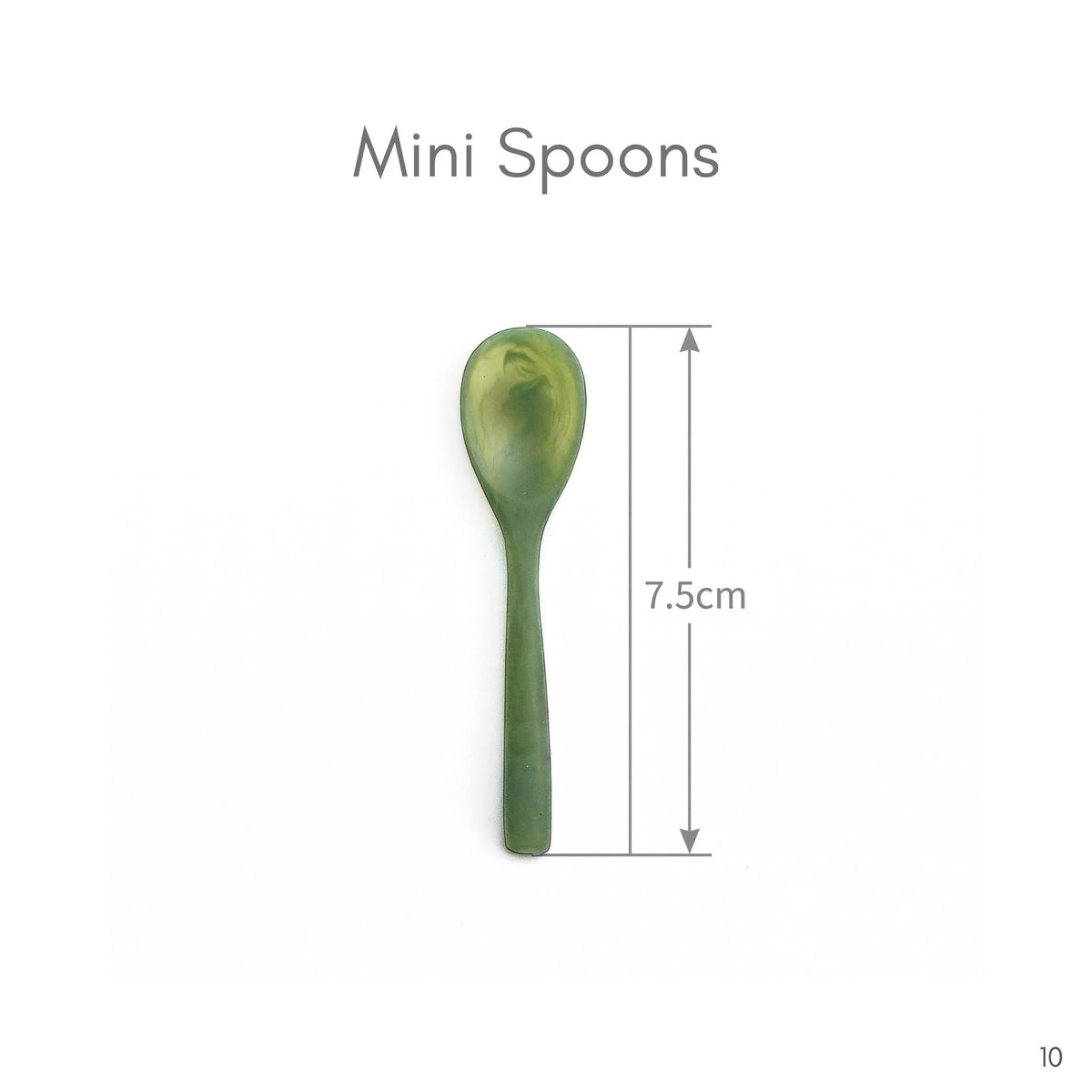 POLKA LUKA mini resin spoon in olive green with a marbled finish, 7.5cm length for small serving bowls.