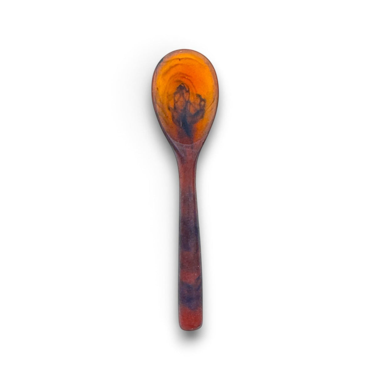 POLKA LUKA mini resin spoon in amber and dark brown marble pattern, 8cm long for small serving bowls.