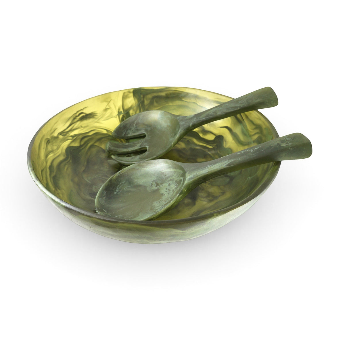 POLKA LUKA large resin salad bowl and short salad servers in a translucent olive green marbled finish