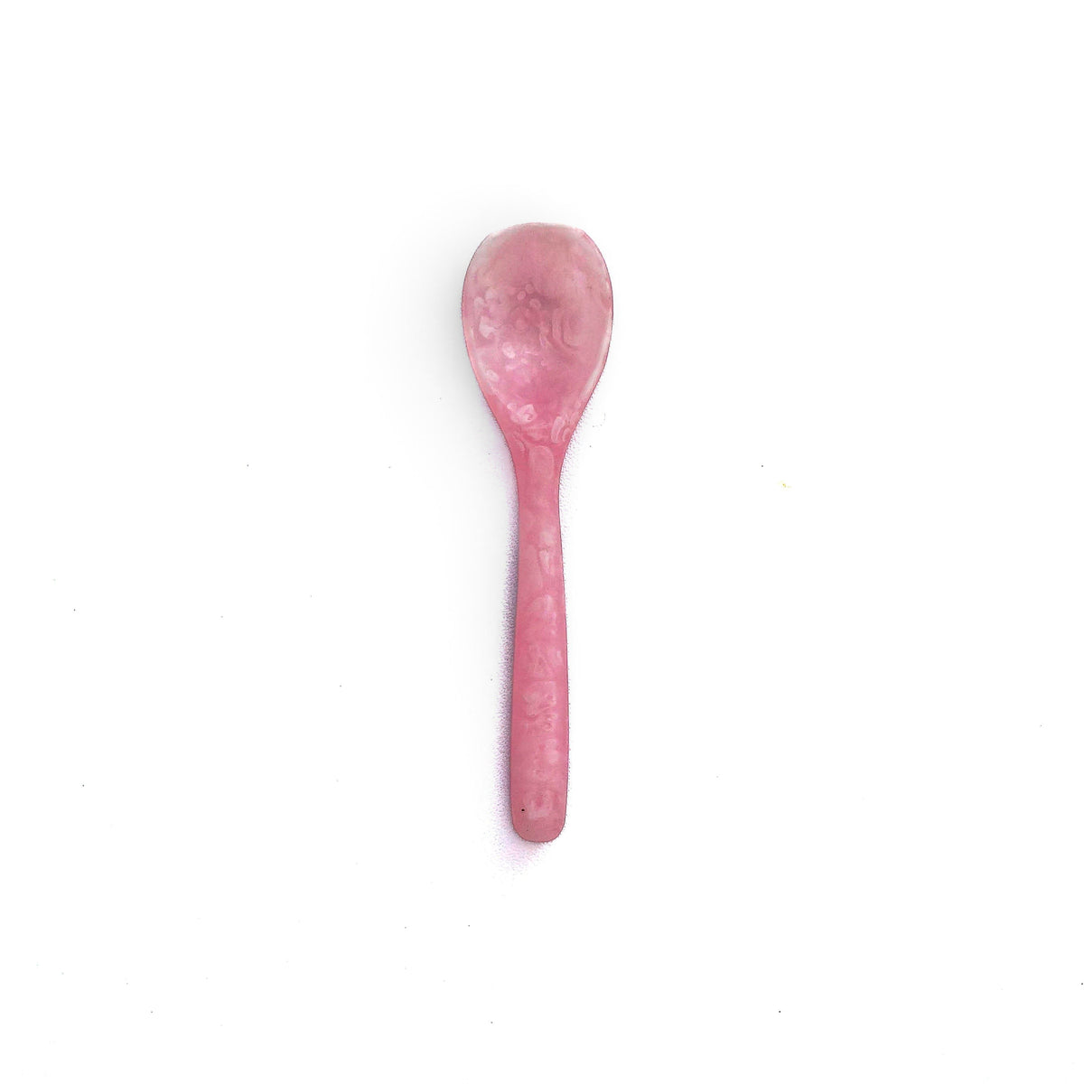 POLKA LUKA pink resin mini spoon for small bowls, 8cm length with a smooth, speckled finish.