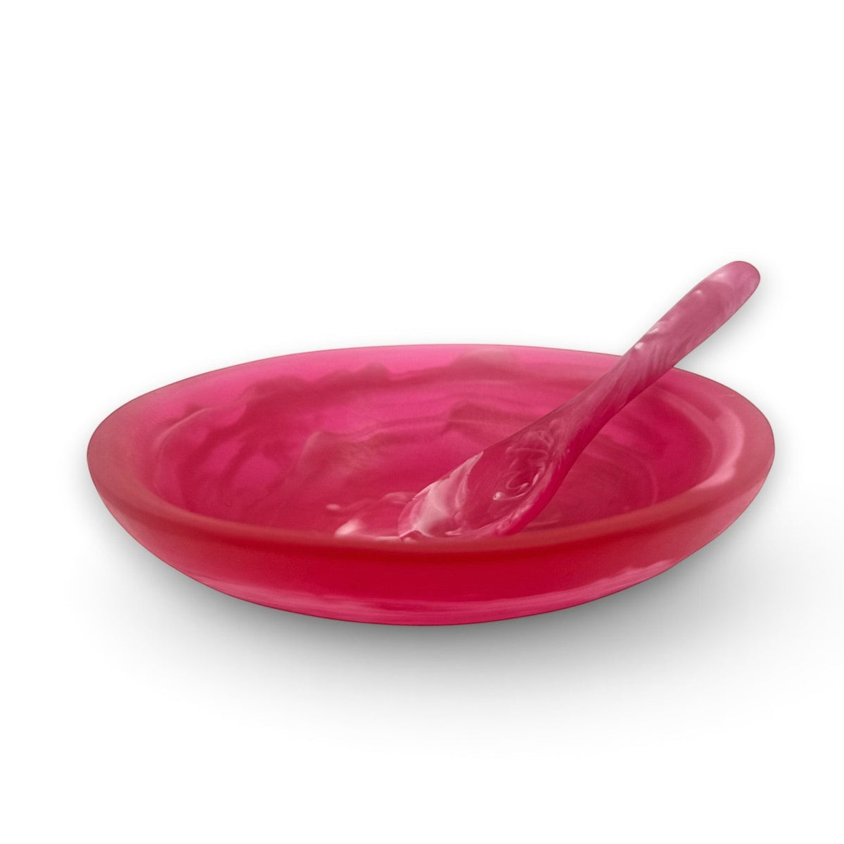 POLKA LUKA pink resin relish bowl and matching spoon set with a smooth, translucent finish