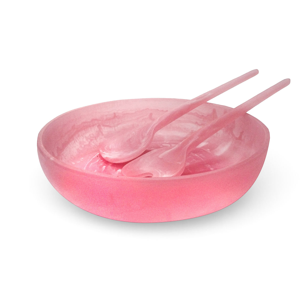 POLKA LUKA medium pink resin salad bowl with matching Gauguin serving spoons for elegant table presentation.