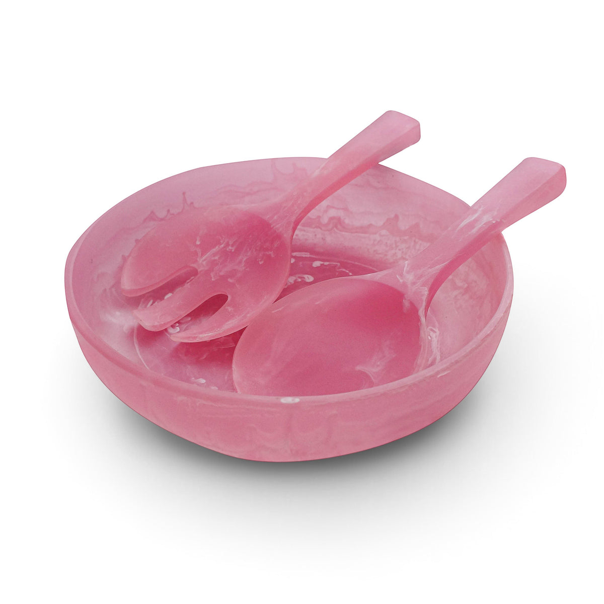 POLKA LUKA medium pink resin salad bowl with matching short salad servers for serving side salads.