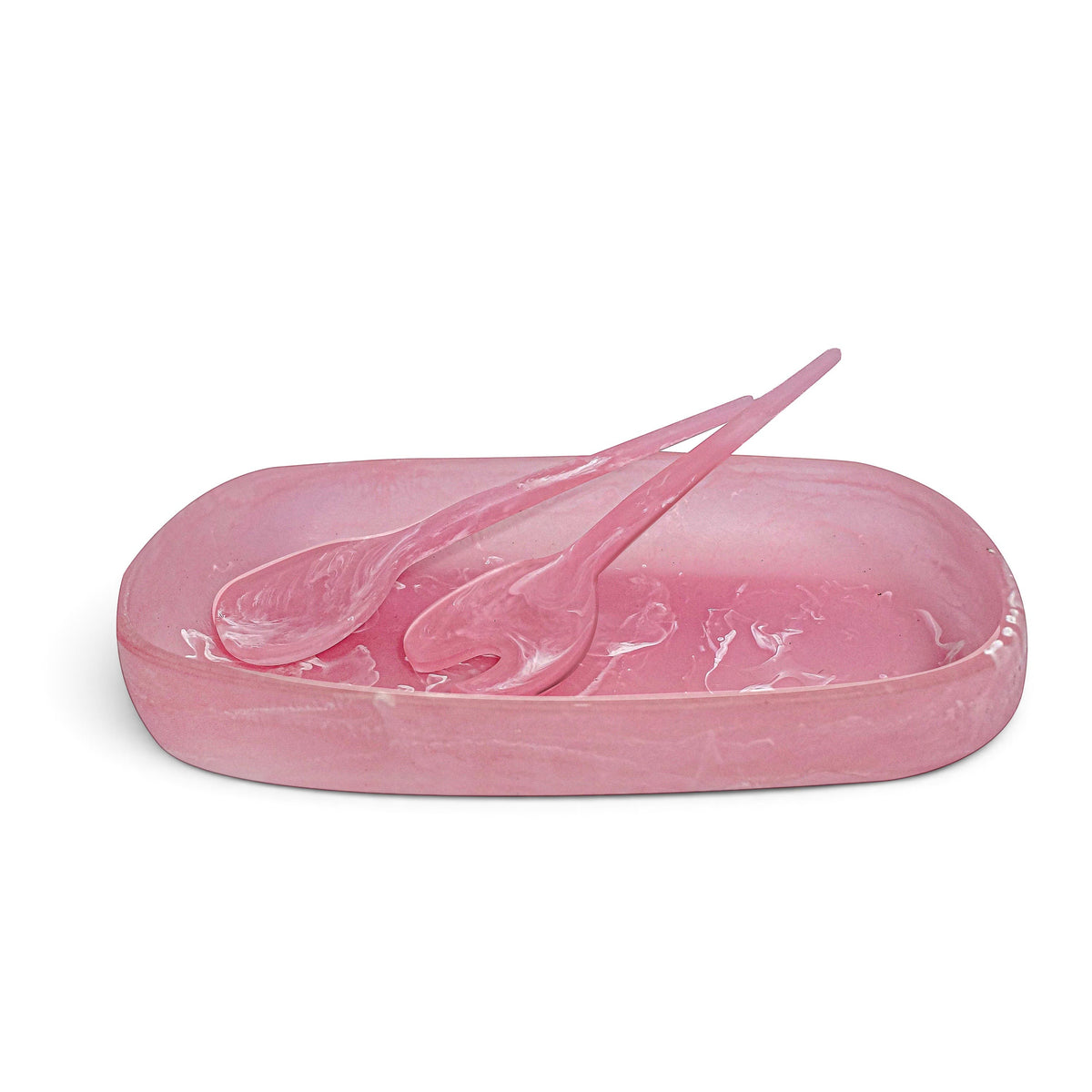 POLKA LUKA pink resin serving bowl and matching salad server set with a marbled finish
