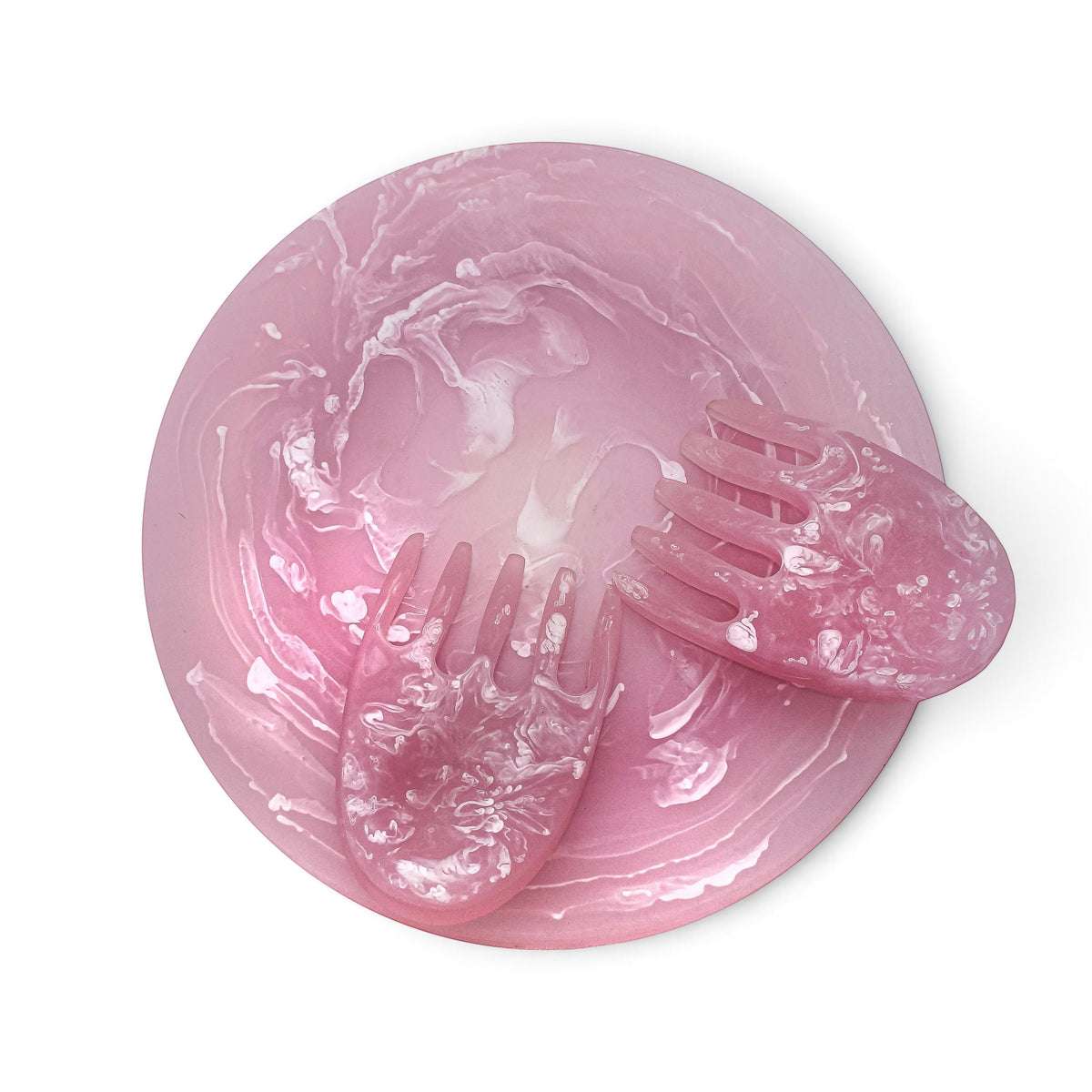 POLKA LUKA pink resin Luna serving plate with matching marbled salad hands for elegant food presentation.
