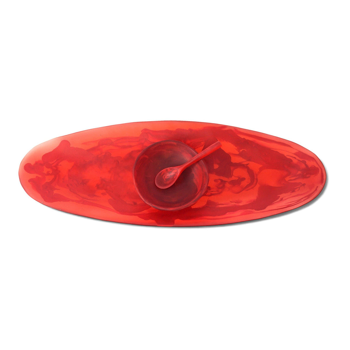 POLKA LUKA red marbled resin serving platter with matching wabi bowl and spoon, top-down view