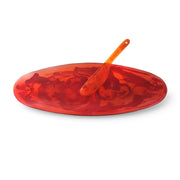POLKA LUKA oval red marbled resin serving platter with matching cheese knife for wine and cheese nights