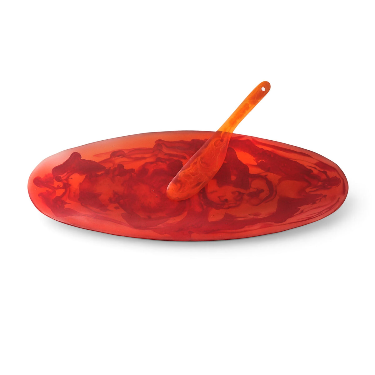POLKA LUKA oval red marbled resin serving platter with matching cheese knife for wine and cheese nights