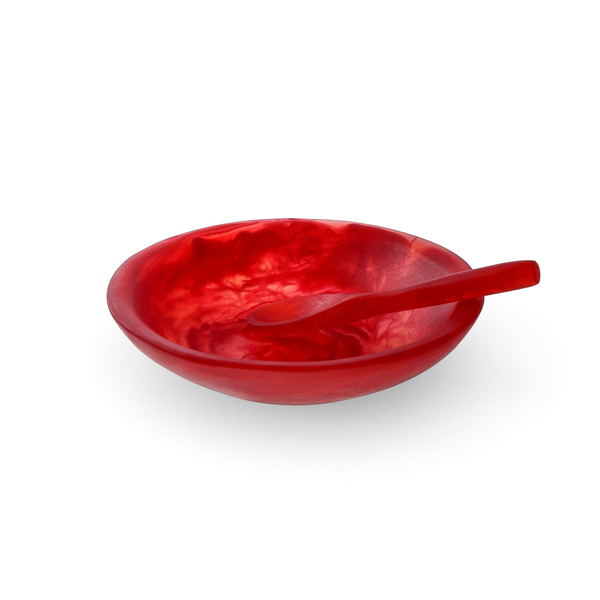 POLKA LUKA red resin relish bowl with matching small spoon, featuring a marbled translucent finish.