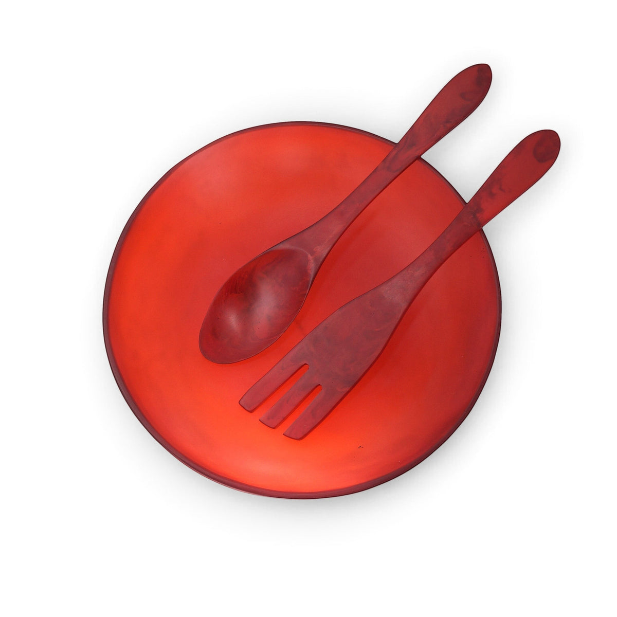 POLKA LUKA large red resin salad bowl with matching long salad servers, top-down view