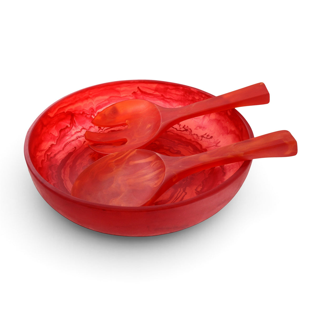 POLKA LUKA medium red resin salad bowl and matching short salad server set with a marbled finish