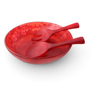 POLKA LUKA large red resin salad bowl with matching short salad servers featuring a marbled translucent finish.