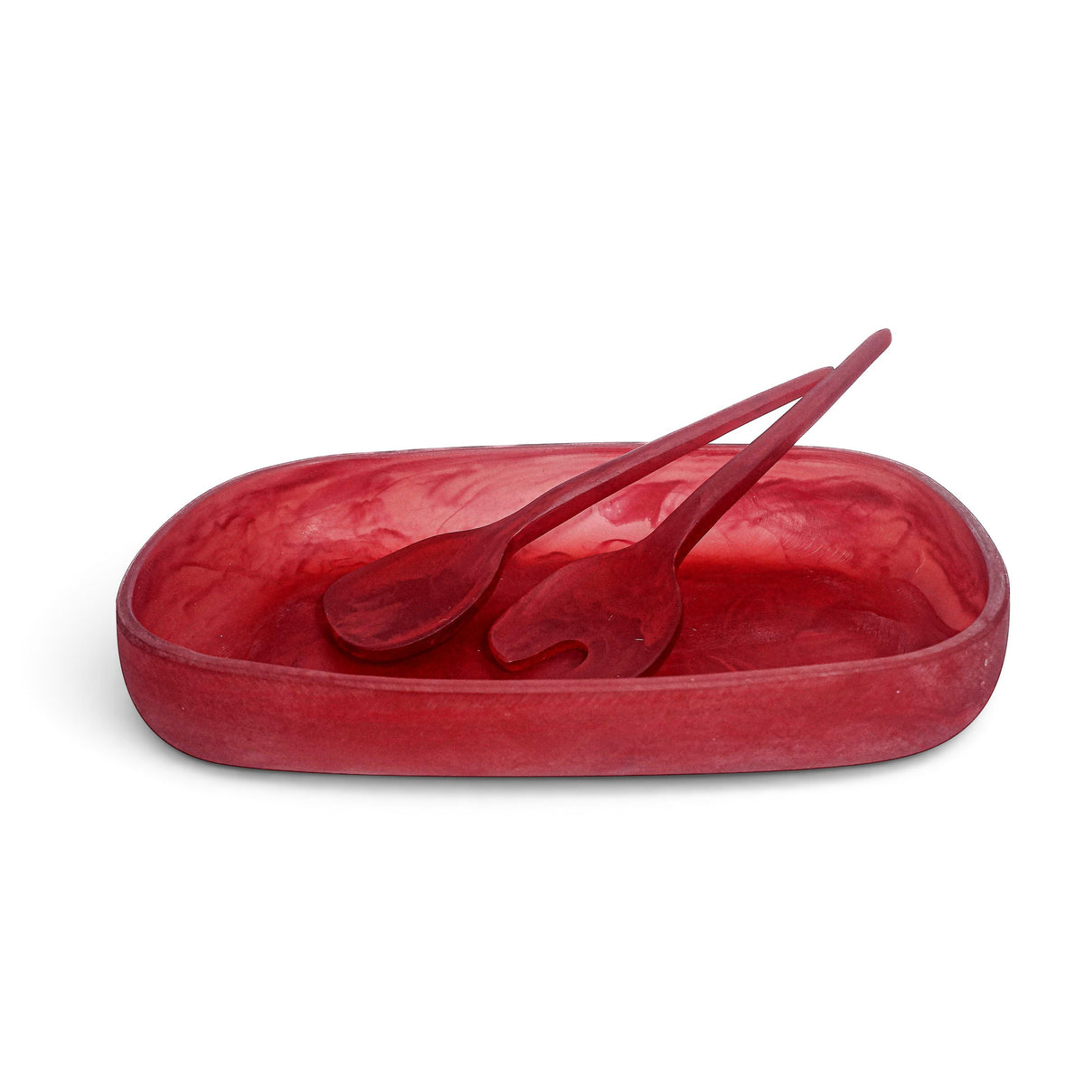 POLKA LUKA Cezanne resin serving bowl and Gauguin salad servers in a vibrant marbled red finish
