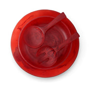 POLKA LUKA red resin salad serving set including a large plate, medium bowl, and two salad servers with marbled finish