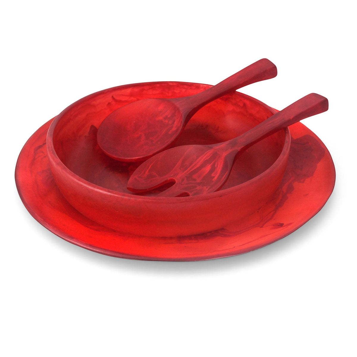 POLKA LUKA red resin Luna serving plate, medium salad bowl, and short salad server set with a marbled finish.