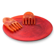 POLKA LUKA large red resin Luna serving plate with matching orange marbled salad hands for food presentation.