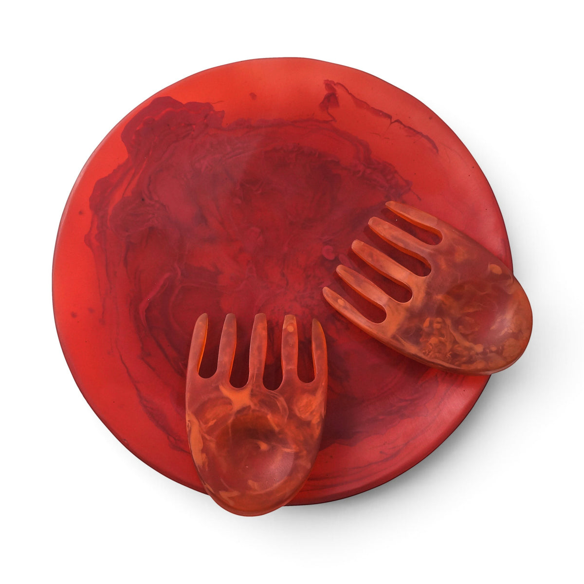 POLKA LUKA red resin Luna serving plate with matching marbled salad hands for serving food