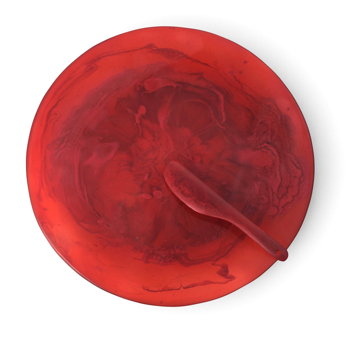 POLKA LUKA large red resin Luna serving plate with matching cheese knife, featuring a swirling marbled design.