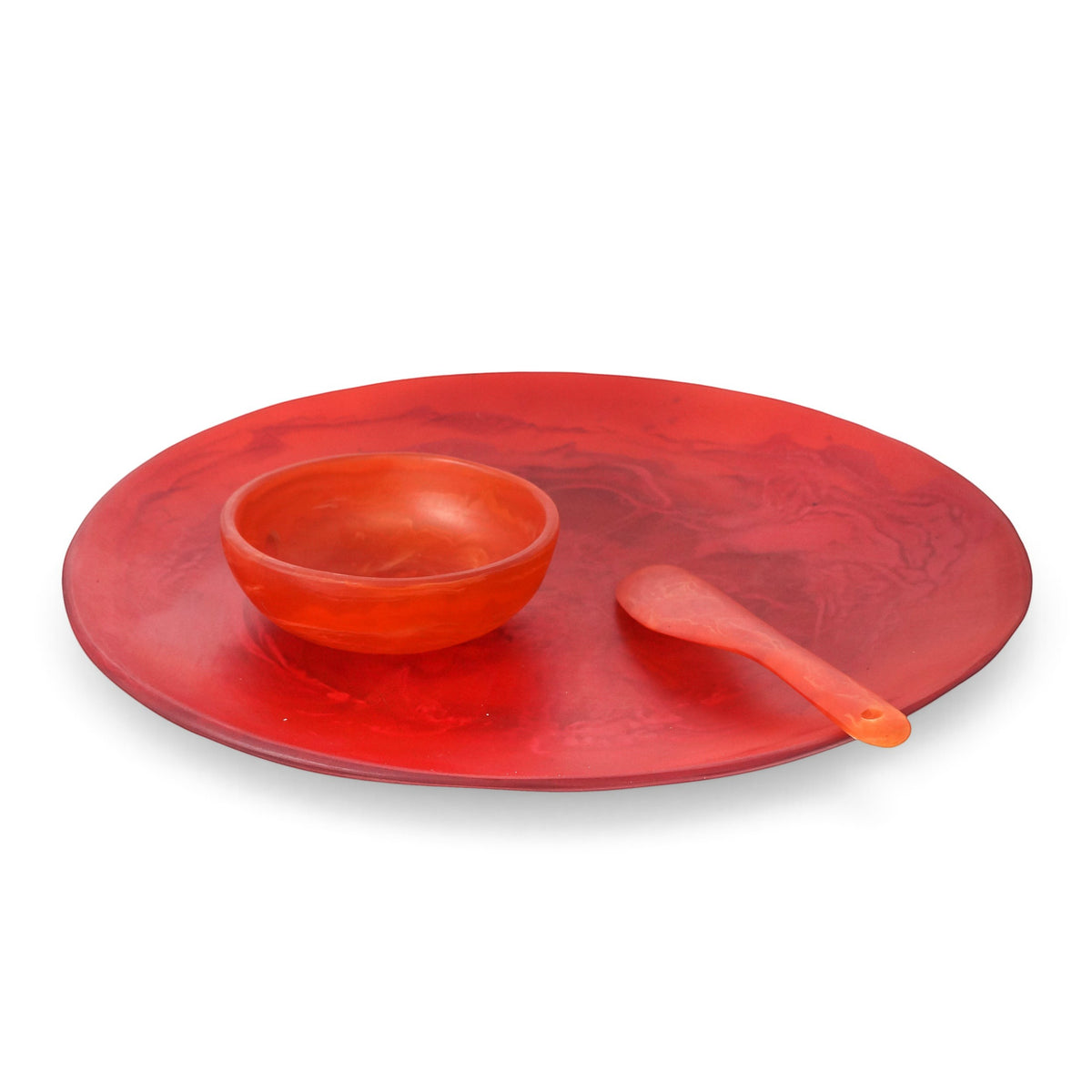 POLKA LUKA red marble-effect resin serving set including a large round plate, small dip bowl, and cheese knife.