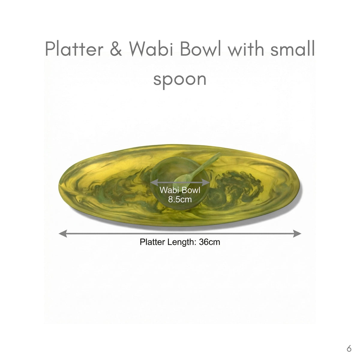 POLKA LUKA olive green resin platter and wabi bowl set with a small spoon, featuring a marbled swirl design.